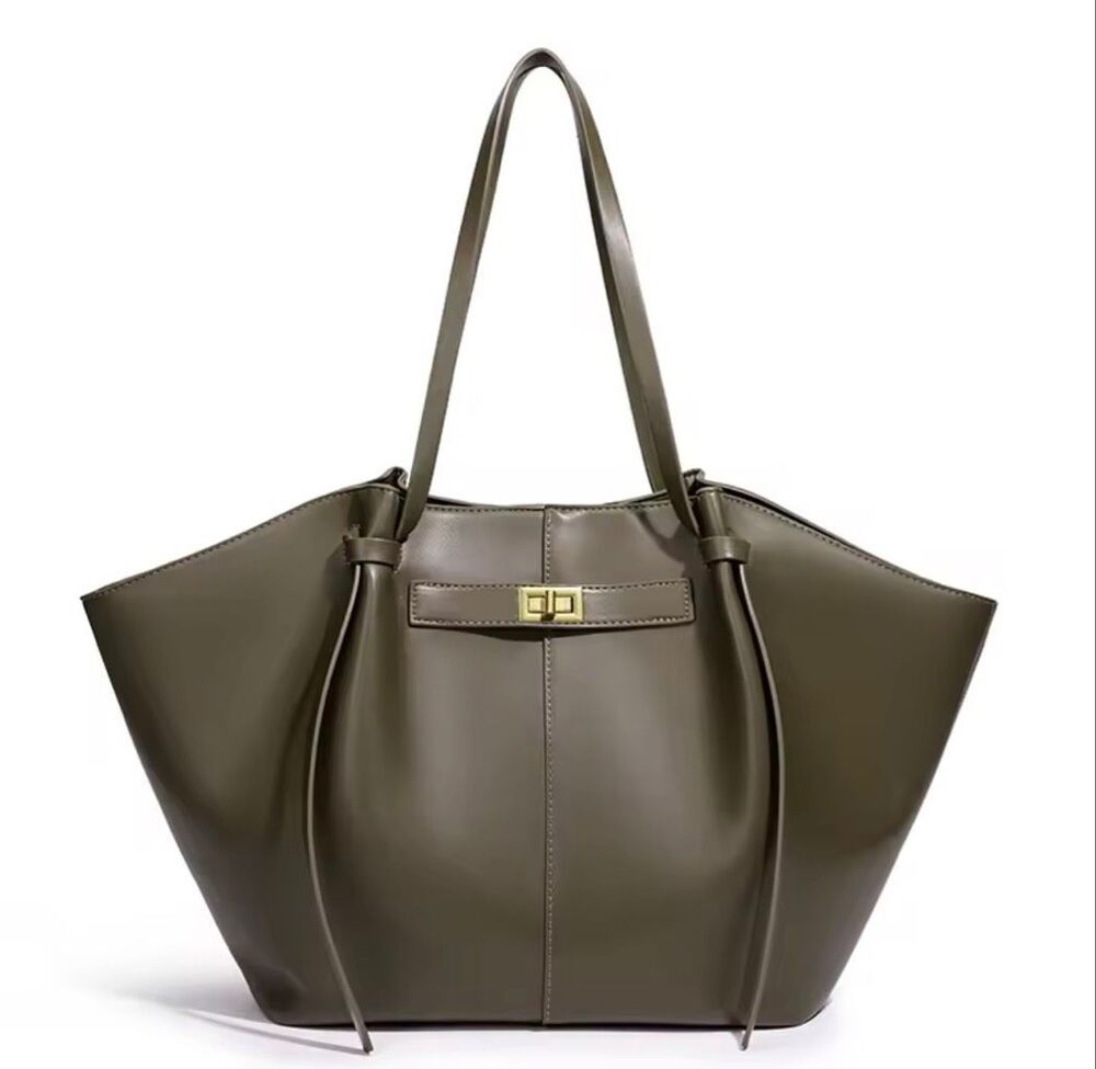 Italian Luxury Boutique Olive Green Vegan Leather Tote Bag Elegant Chic NWOT Lar